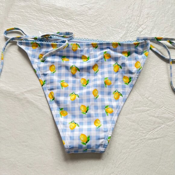 Betty Jade string bikini bottoms light blue gingham plaid lemon print XL swim - Picture 2 of 3